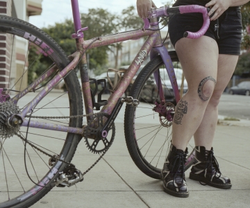 legs of cyclist, Tasha Rose, by pink bike