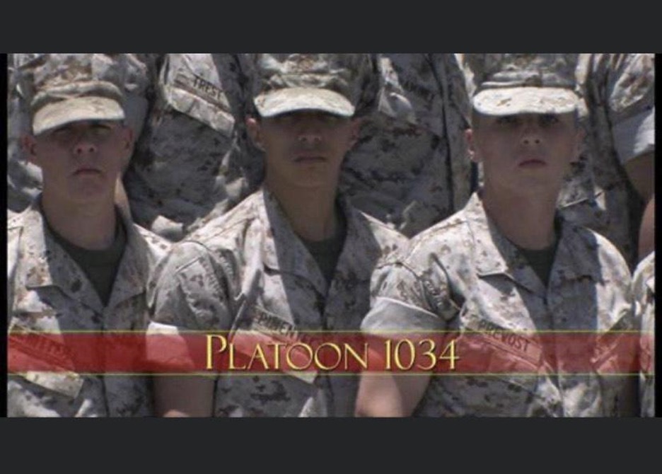 Three soldiers in a US Marine's photo for "Platoon 1034"