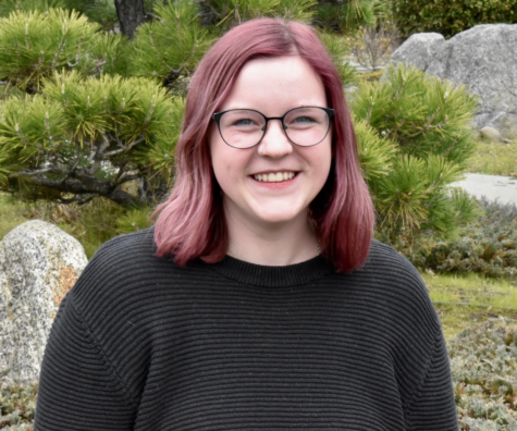 Sierra Mickelson smiling. She has rose colored, straight hair and wire rim glasses. 