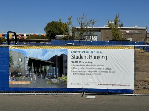Construction fencing signage at Sierra College provides information on the forthcoming dorms. November 2023. Photo by Greg Micek