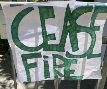 protest sign, "cease fire"