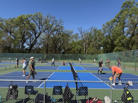 outdoors several pickleball courts in a row with people playing games 